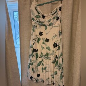 H&M White Midi Dress with Green Leaf and Black Floral Print